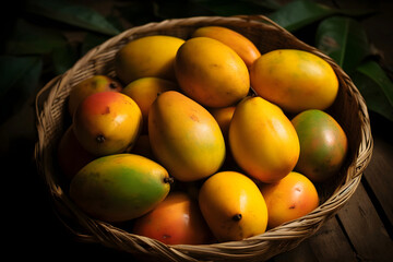 Still life with a bunch of ripe yellow-hot tropical mango fruits lying in a wicker basket on a wooden table made of planks shown in close-up