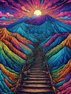 Psychedelic Mountain Staircase - Illustration of mind-altering tropical pop art with dramatic enigmatic shades Gen AI