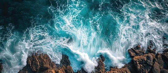 Bird's-eye view of waves crashing on rocks. - obrazy, fototapety, plakaty
