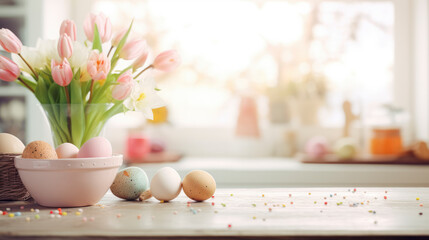 Easter themed arrangement with tulips and pastel coloured eggs on kitchen worktop and blurred kitchen background
