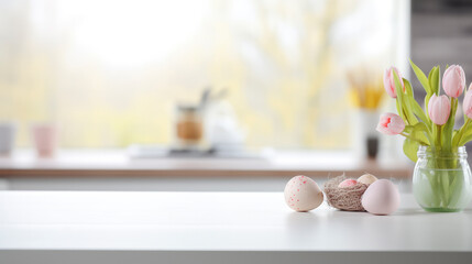 Easter themed arrangement with tulips and pastel coloured eggs on kitchen worktop and blurred kitchen background