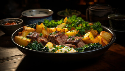 Grilled meat and vegetables on wooden table, healthy gourmet meal generated by AI