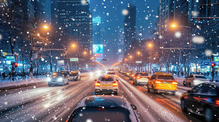 A road on snow fall day in winter time