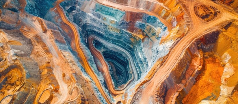 Top down aerial view of a colorful open pit mine in Cobar, Outback Australia.