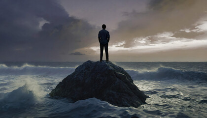 A man standing on a rock in the ocean - obrazy, fototapety, plakaty
