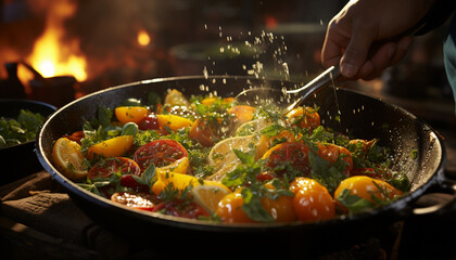 Grilled tomato on cast iron, a gourmet vegetarian meal generated by AI