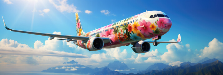 an airplane decorated with flowers flies across the sky, summer travel, flight to Hawaii, air transport, tourism, nature, beauty, vacation, tropics, height, speed, garland - obrazy, fototapety, plakaty