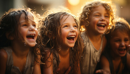 Obraz premium Group of children playing outdoors, smiling and enjoying summer fun generated by AI