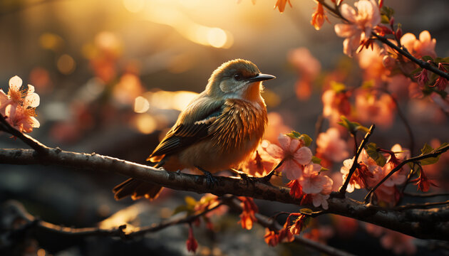 A small sparrow perching on a branch, surrounded by blossoms generated by AI