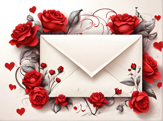 red rose and envelope for valentine's day, white background, ai generated