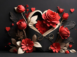 valentine's day red roses, heart, black background, ai generated