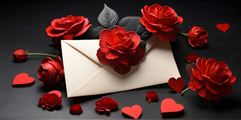 red rose on a wooden background, letter valentine's day, ai generated