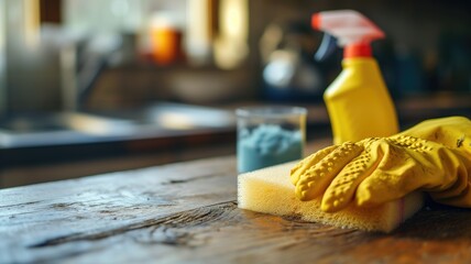 Cleaning supplies on a wooden surface, with focus on yellow gloves