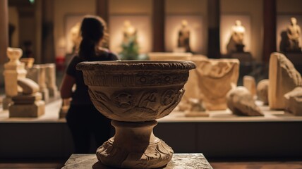 A visitor observing ancient artifacts in a museum exhibition