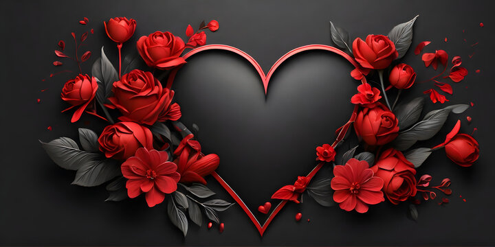 Black heart with flowers, red line, black background, ai generated