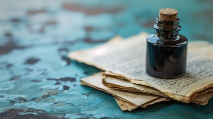 Ink bottle on aged paper with blurred turquoise background