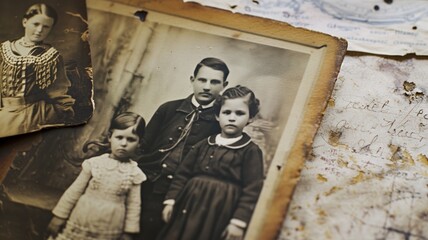 Old family photographs and letters spread out on a table