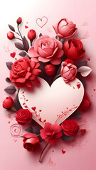 pink rose and heart for valentine's day, pink background, ai generated