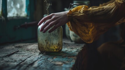 Hand gently resting on a weathered jar on a rustic table - obrazy, fototapety, plakaty