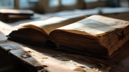 Vintage open book on lace with sunlight casting warm hues