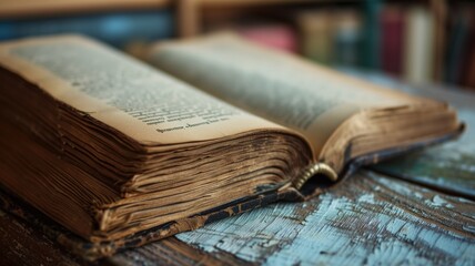 Antique open book on a weathered blue wooden surface