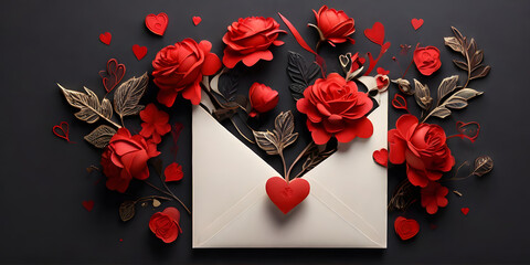 valentine card with red heart and flowers, black background, ai generated