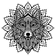 Wolf mandala. Vector illustration. Adult coloring page. Wild Animal in Zen boho style. Sacred, Peaceful. Tattoo print ornaments. Black and white