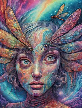 Psychedelic Drug-Induced Trip - Close-Up of a Terrified Woman's Face in Vibrant Surrealism Gen AI