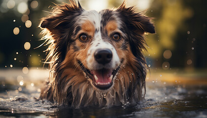 Cute purebred dog sitting outdoors, wet from splashing in water generated by AI