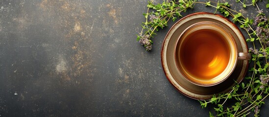 Aerial view of thyme tea with room for text. - obrazy, fototapety, plakaty
