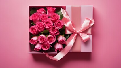 Mother's Day or valentine romantic concept. Top view photo giftbox with ribbon bouquet of roses on pink background with copy space.Ai generative