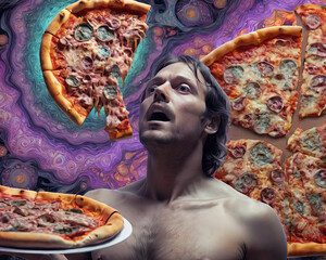 Psychedelic Fantasy - Close-up of a pizza, a man's face, and a nude man in a glowing psychedelic fantasy with fractal landscapes Gen AI - obrazy, fototapety, plakaty