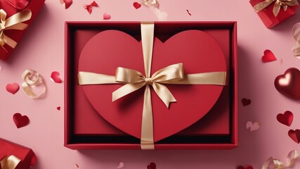 3D Gift Box Heart with Ribbon, Top View, Empty Space, Elegance, isolated background 
