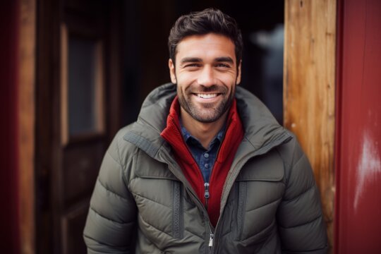 Portrait of handsome young man with beard in winter jacket standing outdoors