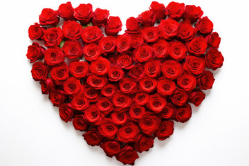 Red rose heads in the shape of a heart with white background 