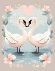 Swan Hearts Clipart, cartoon animals, wedding concept