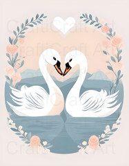 Swan Hearts Clipart, cartoon animals, wedding concept
