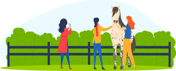 Obraz na płótnie Canvas Two women petting a horse in a fenced grassy area, one woman taking a photo. Friends enjoying time with a horse outdoors. Countryside leisure activity vector illustration.