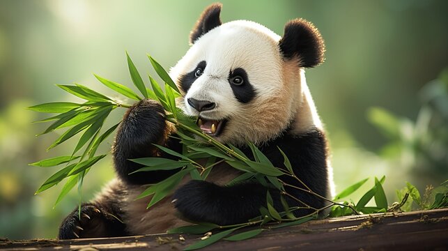 Giant panda munching on fresh bamboo in lush natural habitat, surrounded by beautiful greenery
