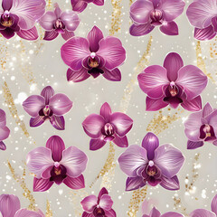 Seamless pattern with pink orchids on a bright, shiny background