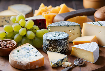 Cheese collection, variety of cheeses on wooden background