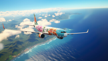 Fototapeta na wymiar an airplane decorated with flowers flies across the sky, summer travel, flight to Hawaii, air transport, tourism, nature, beauty, vacation, tropics, height, speed, garland