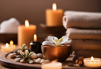 Fototapeta na wymiar Beautiful spa composition with candles, stones and towel on table
