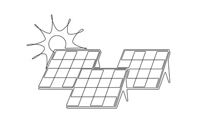 Sun and solar panel continuous one line icon drawing. Energy of sun with ecology power station vector illustration in doodle style. Contour line sign for innovation, environment, renewable