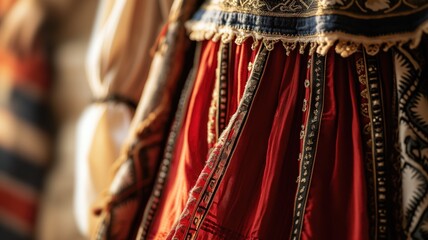Close-up of embroidered traditional clothing with intricate patterns