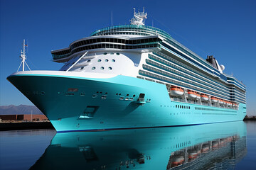 Luxury multilevel resort liner white-blue color docked at pier on beautiful clear day and reflected in water