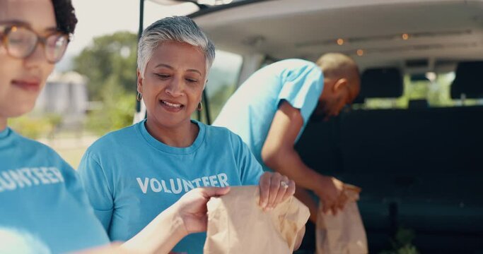 Volunteer, donation and people with food package for charity event, teamwork and community programme. Collaboration, volunteering and men and women with van for parcel, bags and grocery distribution