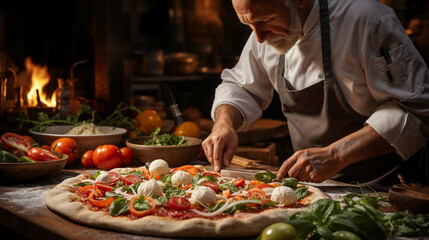 Professional chef meticulously garnishing a pizza with fresh mozzarella and tomatoes in a rustic kitchen setting