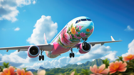 an airplane decorated with flowers flies across the sky, summer travel, flight to Hawaii, air transport, tourism, nature, beauty, vacation, tropics, height, speed, garland
