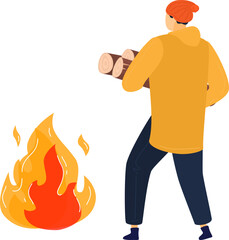 Person in yellow jacket and red hat carrying firewood to a campfire. Outdoors camping activity and warmth concept vector illustration.